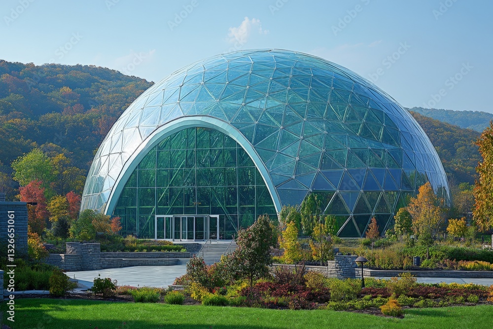 Fototapeta premium Geodesic dome structure surrounded by lush greenery under a clear blue sky in a natural park during autumn