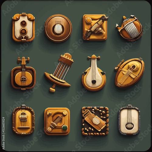 Decorative Wooden Musical Instruments on Green Backdrop, Art Design
