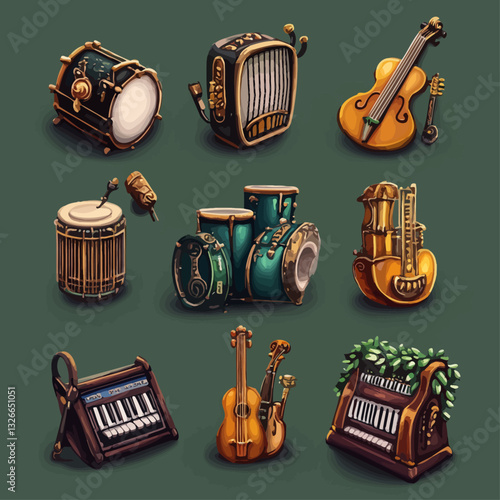 Collection of stylized musical instruments, drums, guitars, organ