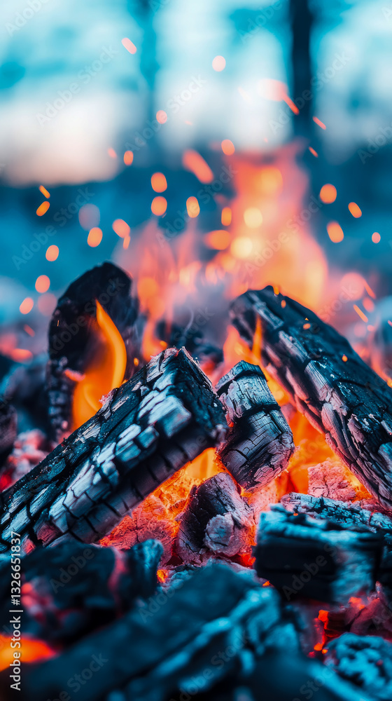 Warmth and Light: Crackling Campfire Embers Glow on a Cool Evening Warmth and Light: Crackling Campfire Embers Glow on a Cool Evening