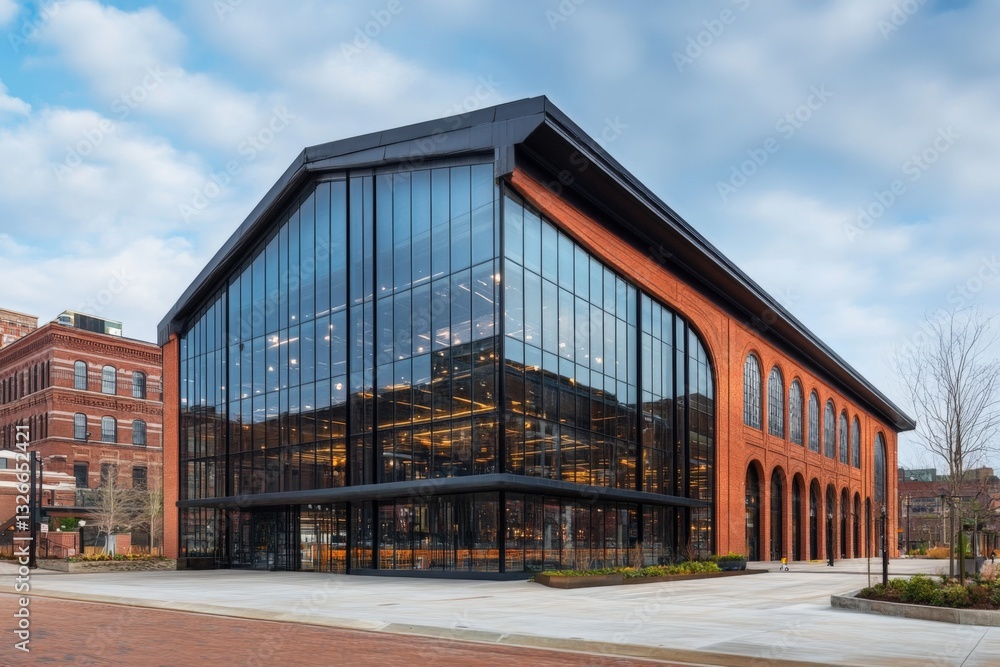 Obraz premium Modern glass and brick building in an urban setting showcases innovative architecture and design features