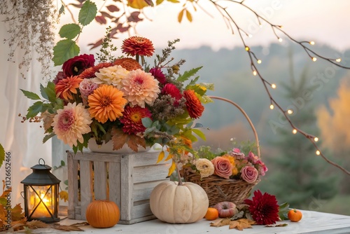 Golden autumn still life showcases pumpkins and flowers in a vibrant seasonal arrangement