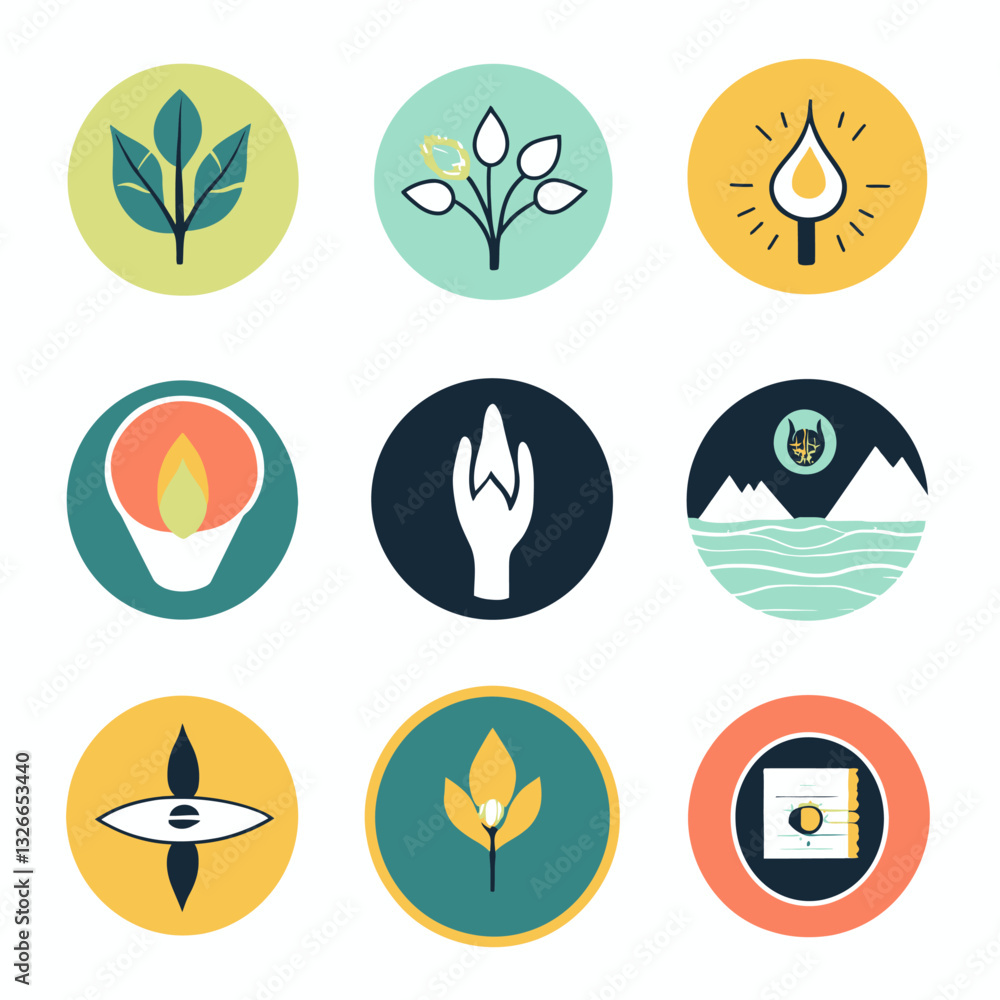 Vector Icon Set of Nature, Hand, Flame, and Abstract Elements Vector Icon Set of Nature, Hand, Flame, and Abstract Elements