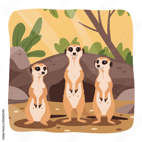 Three Meerkats Standing Tall in a Desert Landscape Illustration