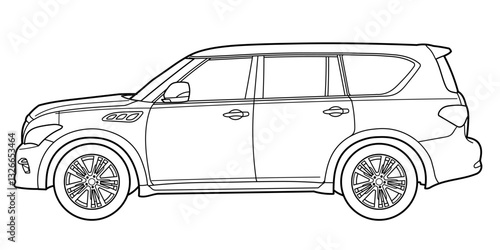 Classic full size premium suv car. Crossover car different view shot: side, front, rear and 3d. Outline doodle vector illustration. Design for print, coloring book