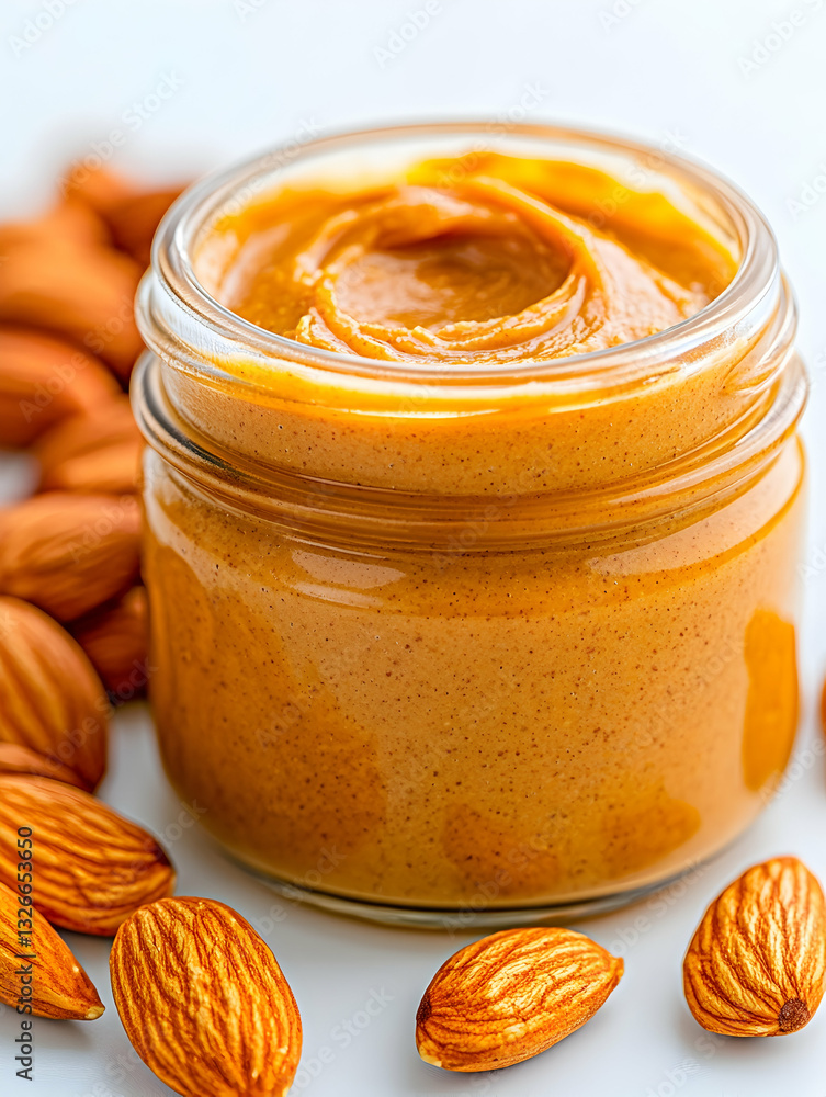 Almond butter in a glass jar, surrounded by almonds Almond butter in a glass jar, surrounded by almonds