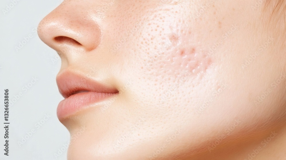 Skincare focus highlighting blemishes and texture on a young woman's face in a minimalist setting Skincare focus highlighting blemishes and texture on a young woman's face in a minimalist setting