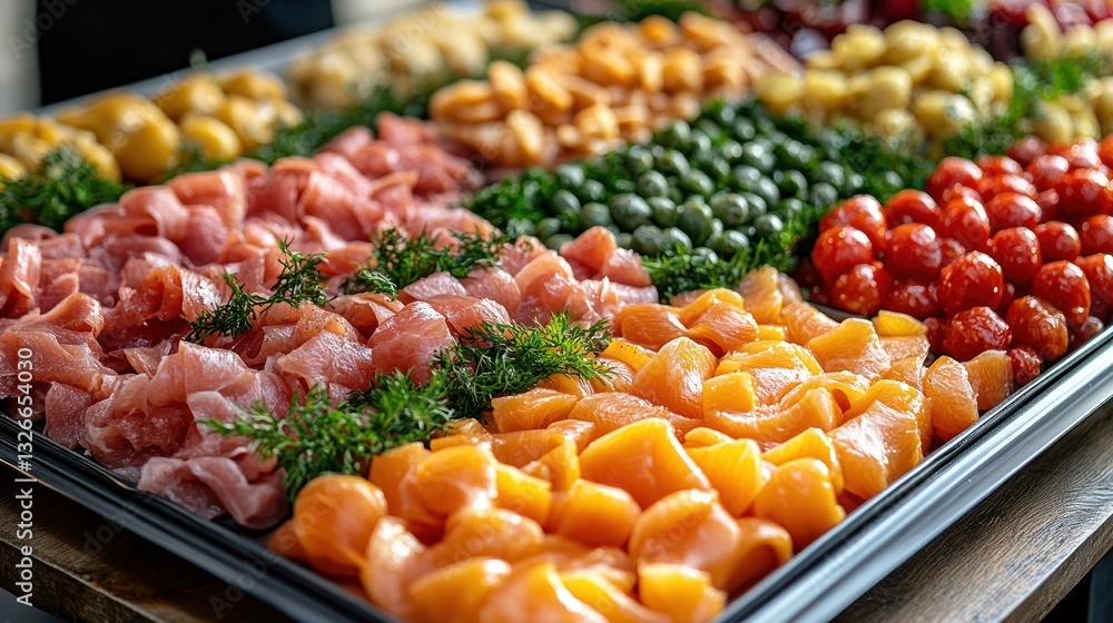 Assorted cured fish & olives buffet display Assorted cured fish & olives buffet display