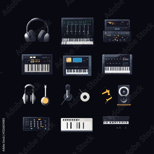 Collection of Vector Musical Instruments and Studio Equipment on Black