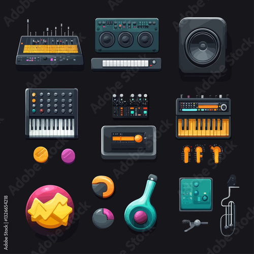 Music Studio Equipment, Synthesizers, Mixers, Speakers on Dark Background