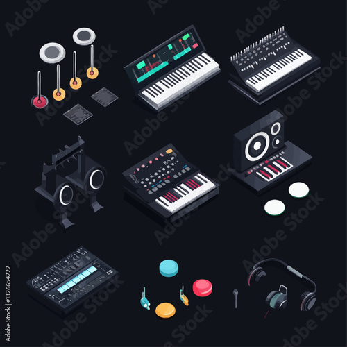 Isometric view music production equipment, synthesizers, drum set and headphones