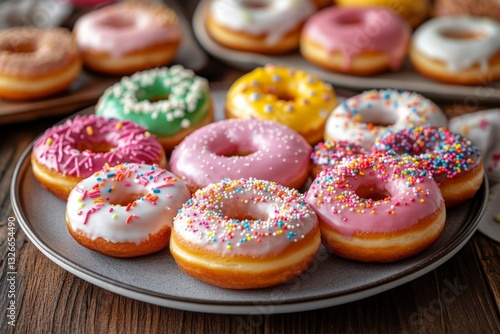 Delicious assorted donuts displayed on a wooden table with vibrant colors and toppings for everyone to enjoy
