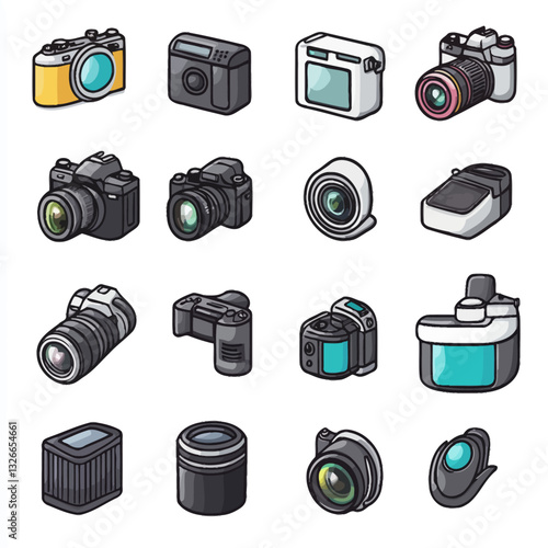 Illustrated Camera Collection on White, Photography Equipment, Digital, Lens