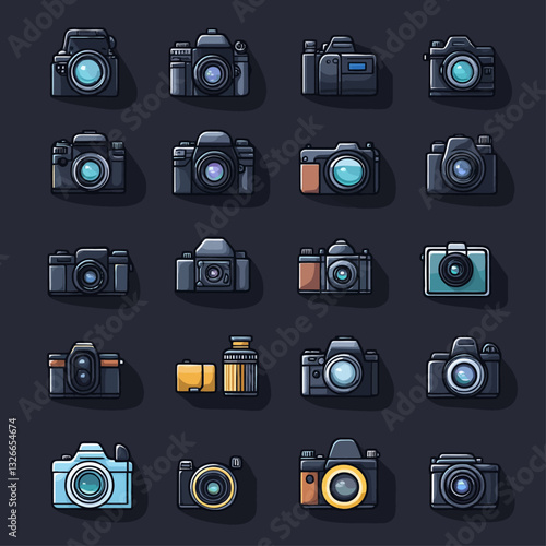 Vector illustration of various digital camera designs on a dark background
