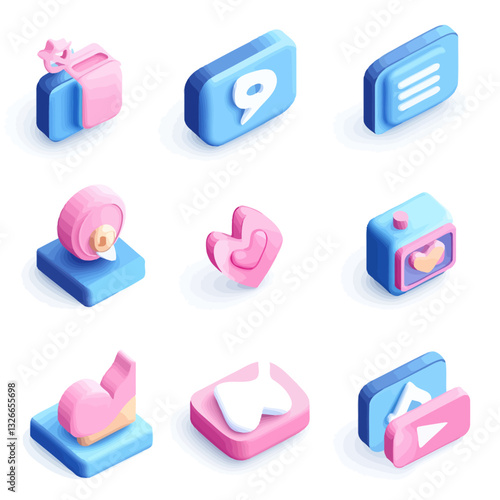 Isometric set of icons: gift, number nine, menu, heart, tooth and play video.