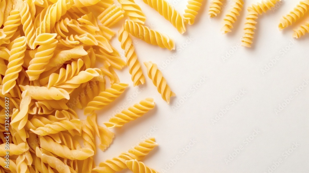 Obraz premium Raw fusilli pasta scattered on a light surface ready for cooking in a delicious meal preparation