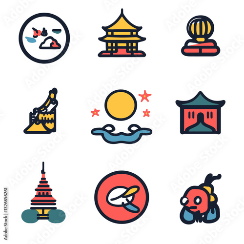 Colorful Asian Icons Set: Pagodas, Moon, and Water Elements Vector Illustration