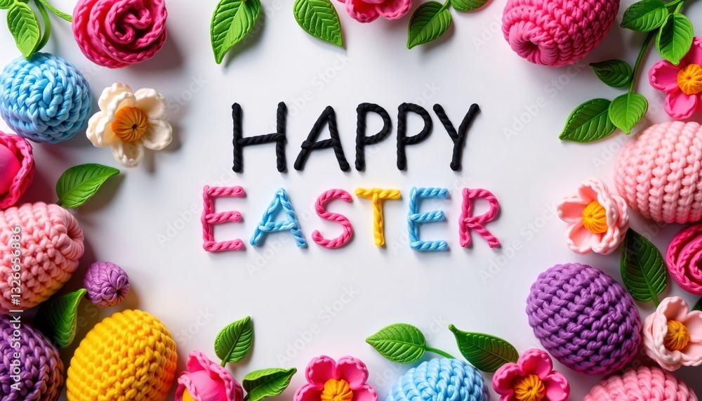 Happy Easter with Crochet Eggs and Flowers on White