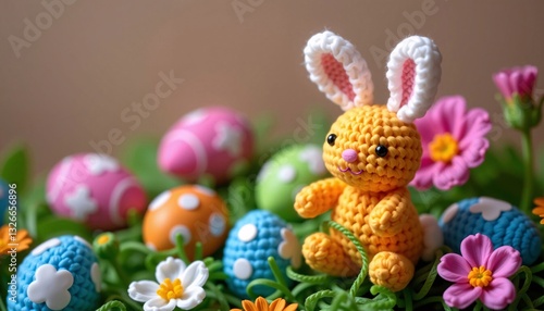 Crochet Easter Bunny with Eggs and Flowers on Grass