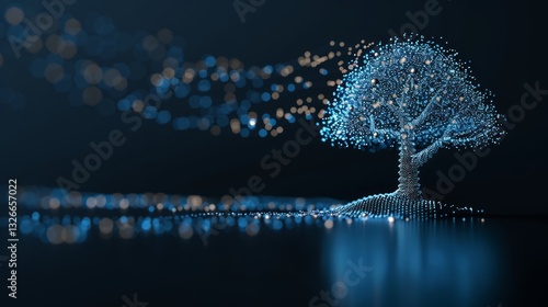 Illuminated futuristic investment tree with digital nodes growing wealth through AI technology. Strong emphasis on sharpness and clarity.