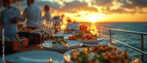 Luxurious Outdoor Dinner on Yacht with Gourmet Food and Sunset Views