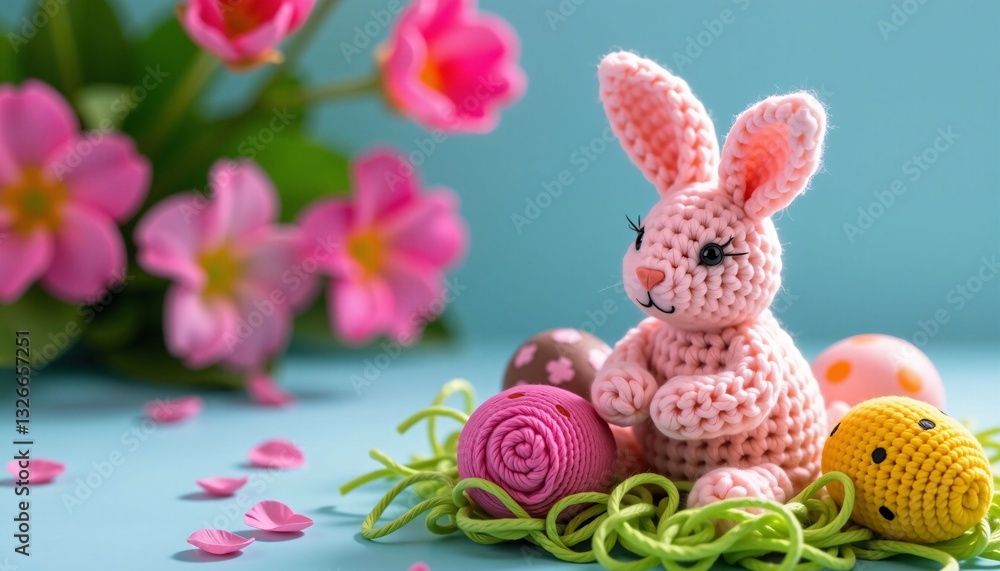 Pink Crochet Easter Bunny with Eggs and Flowers