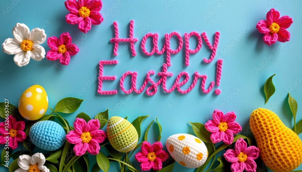 Happy Easter with Crochet Flowers and Eggs on Blue