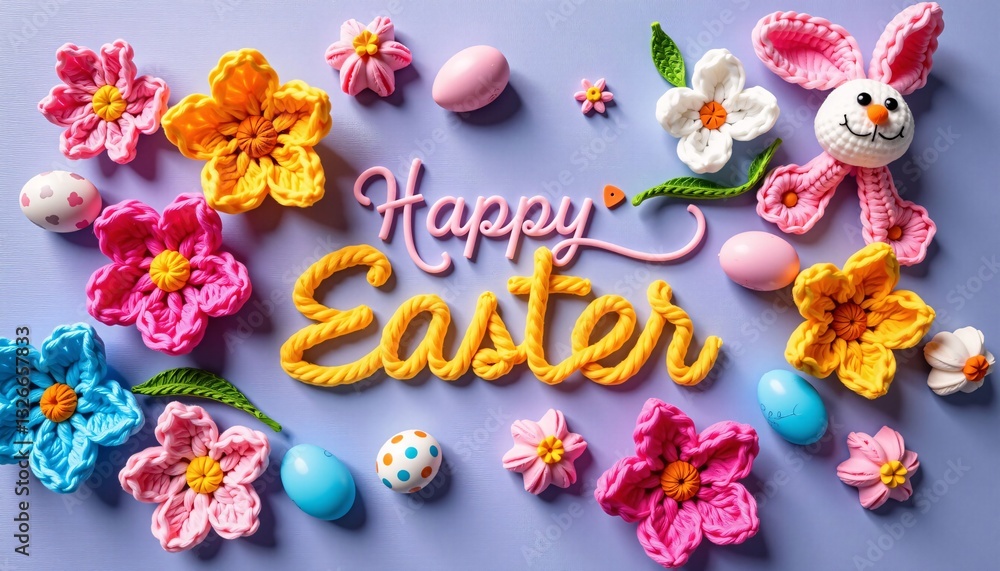 Happy Easter with Crochet Flowers and Bunny on Purple