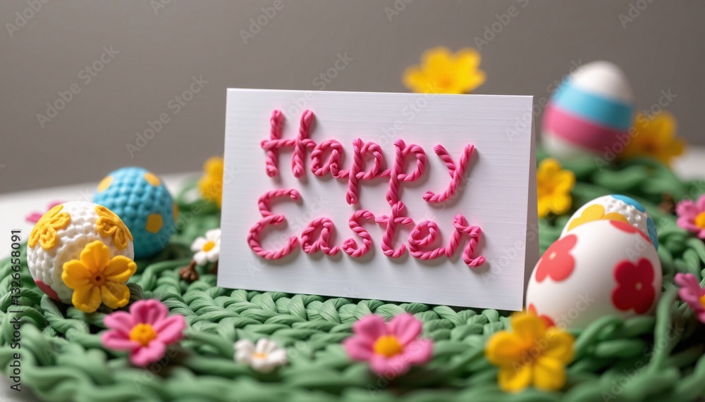 Happy Easter Card with Decorated Eggs and Flowers
