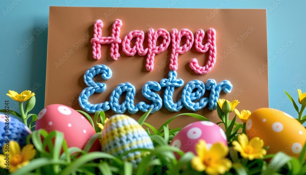 Happy Easter card with knitted text and eggs on grass