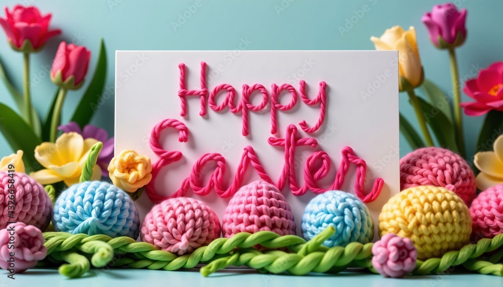 Happy Easter card with knitted eggs and crochet flowers on blue