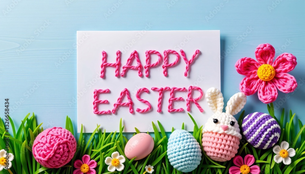 Happy Easter card with knitted bunny, eggs, and flowers on blue