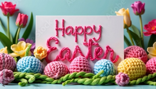Obraz na płótnie Happy Easter card with knitted eggs and crochet flowers on blue w salonie