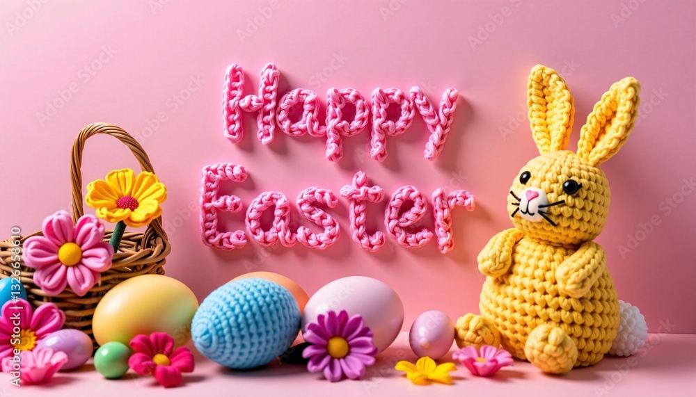 Yellow knitted bunny with Happy Easter text, eggs, flowers on pink