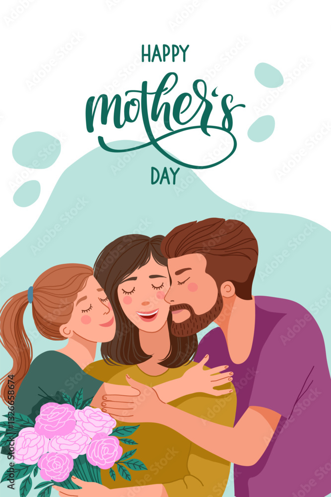 Mothers Day vertical card with happy family Mothers Day vertical card with happy family