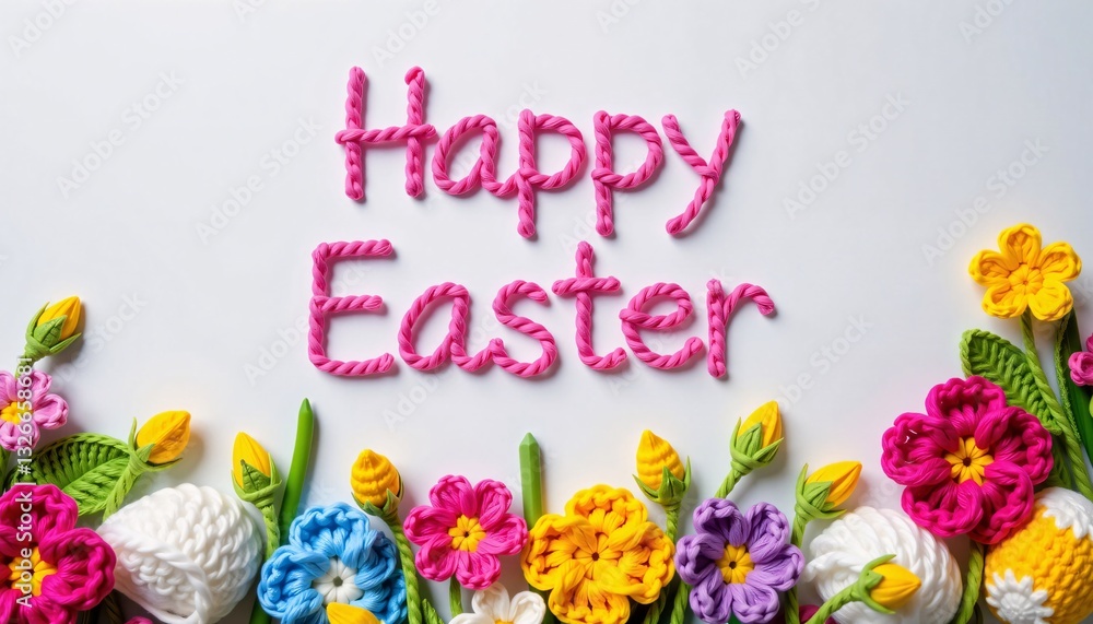 Happy Easter text with knitted flowers on white background