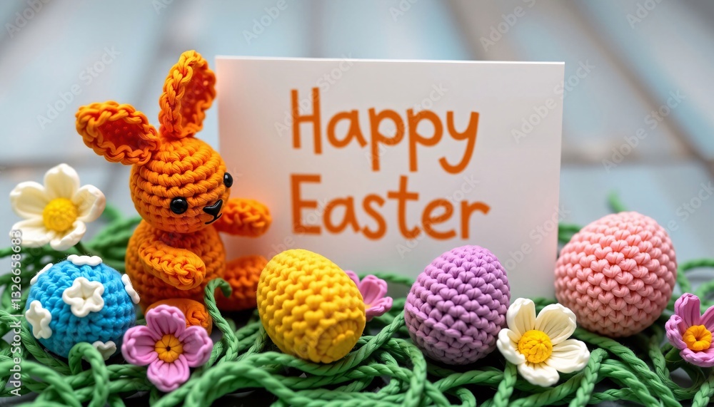 Happy Easter card with knitted bunny, eggs, and flowers