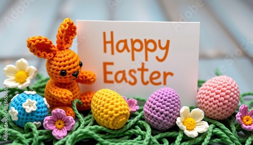 Obraz na płótnie Happy Easter card with knitted bunny, eggs, and flowers w salonie