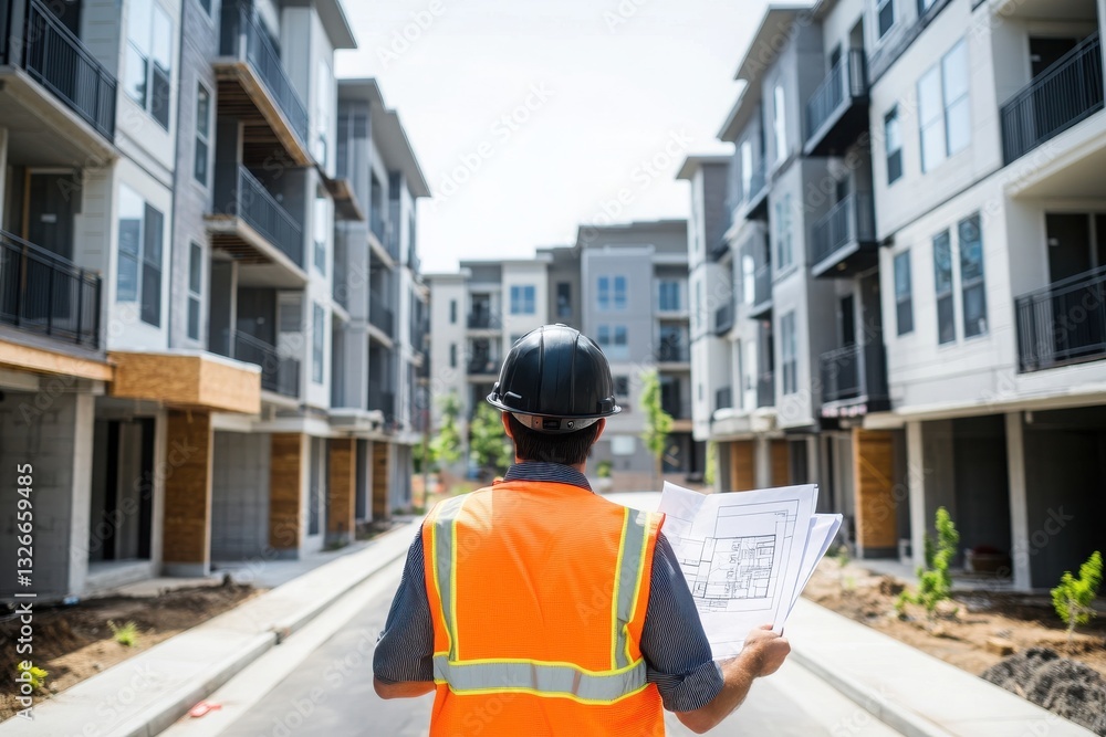 Fototapeta premium Construction Worker Reviewing Blueprints on Residential Development Site