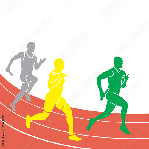 Silhouette athlete relay race with colorful runners, three athletes running relay