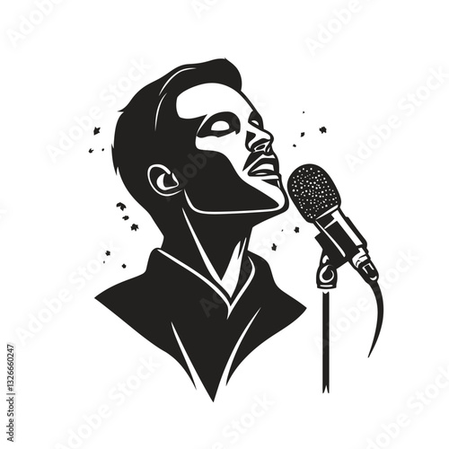 Male Singer Performing with Microphone, Black and White Illustration