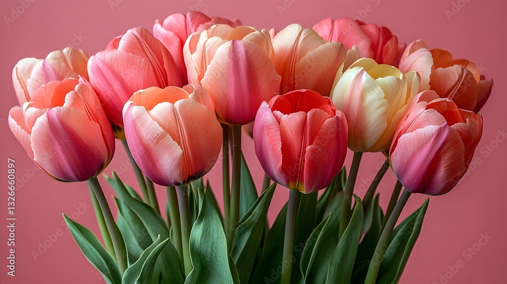 Fototapeta premium Colorful vibrant Tulips in Full Bloom Against a Pink Background creating an elegant floral composition 