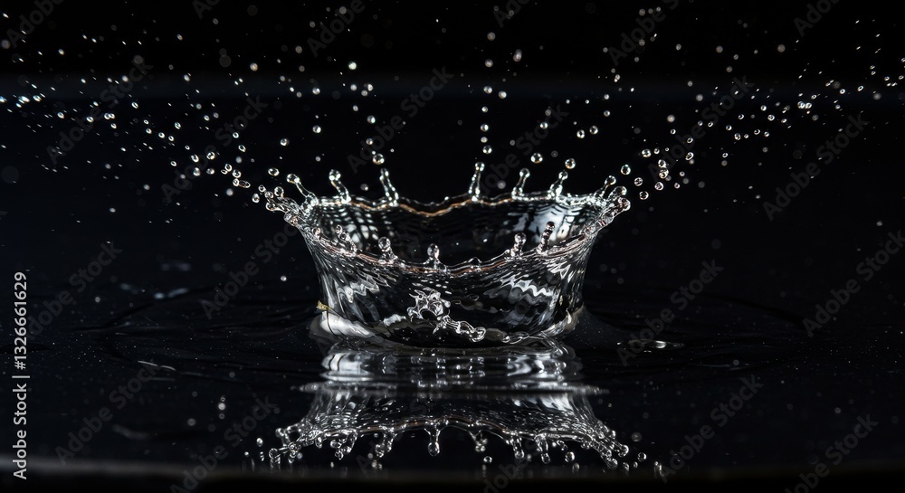 Water Droplet Impact Splash - A single water droplet creates a stunning crown-shaped splash upon impact with a dark surface. It symbolizes purity, energy, refreshment Water Droplet Impact Splash - A single water droplet creates a stunning crown-shaped splash upon impact with a dark surface. It symbolizes purity, energy, refreshment