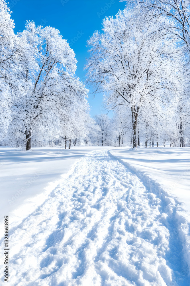 Winter wonderland path through snowy trees Winter wonderland path through snowy trees