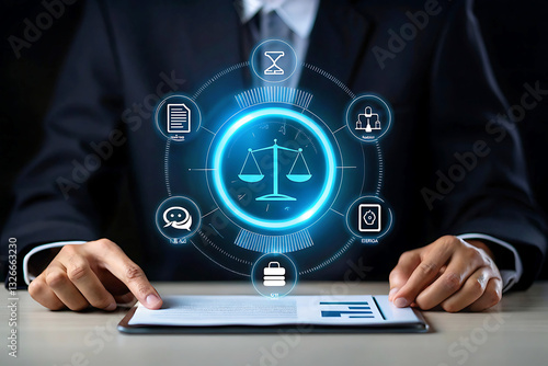 Lawyer using a tablet with scales of justice hologram, symbolizing legal services, technology integration in law practice, digital legal consulting