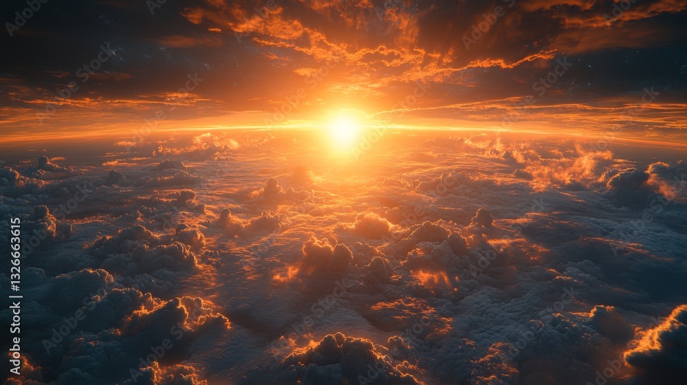 Fototapeta premium A breathtaking view of sunrise as golden rays illuminate clouds from above.