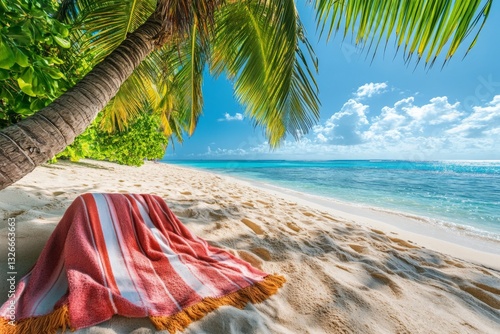 Relaxing on a tropical beach with a colorful blanket under palm trees during a sunny day