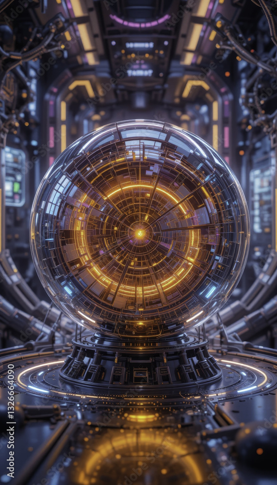 Fototapeta premium futuristic glowing sphere with intricate circuitry is set in high tech environment, surrounded by advanced machinery and illuminated by vibrant lights