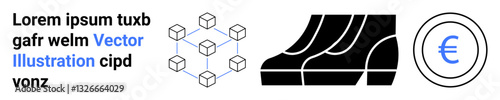 Geometric cube network, sleek shoe soles, and circular Euro sign merge modernity and finance. Ideal for blockchain, footwear innovation, digital currency, e-commerce, minimalism, technology flat
