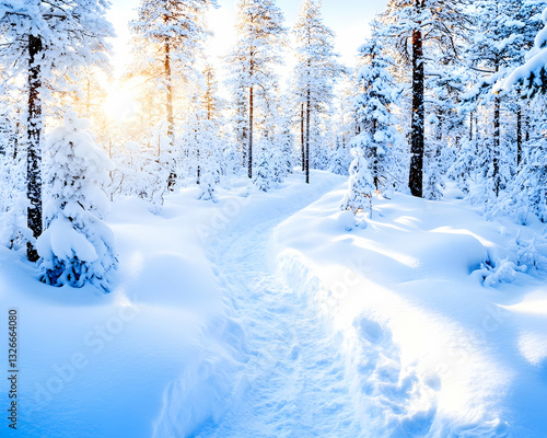 Winter wonderland snow-covered forest path. Sunlight filters through trees